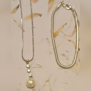 Silver Pearl Necklace and Silver Bracelet